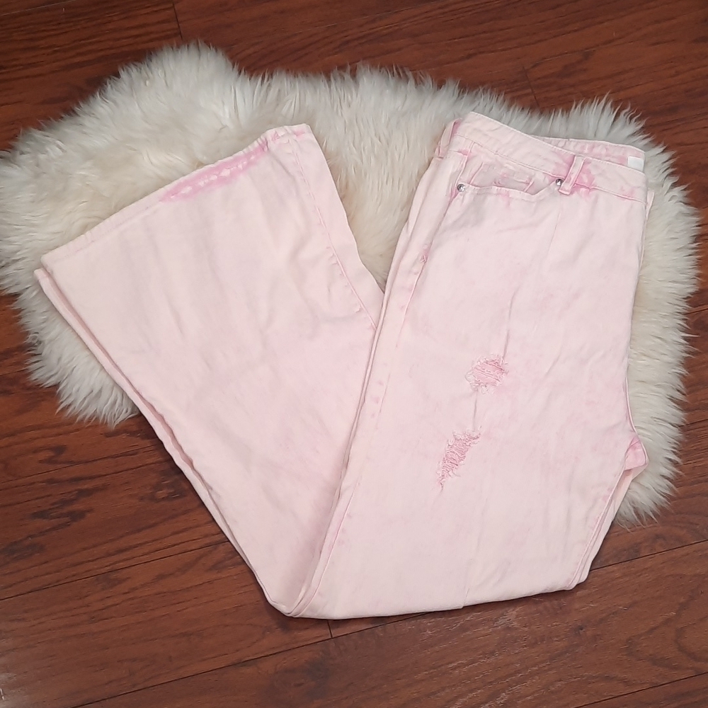Madden NYC Pink Distressed Bellbottom Jeans - Picture 1 of 4